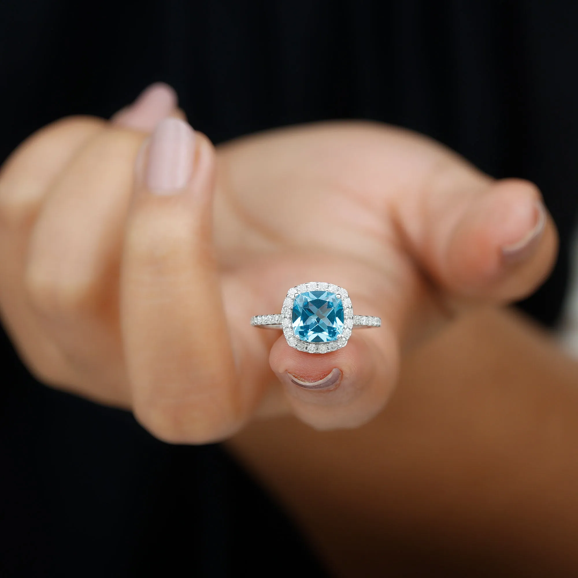 8 MM Cushion Cut Swiss Blue Topaz Solitaire and Diamond Halo Ring