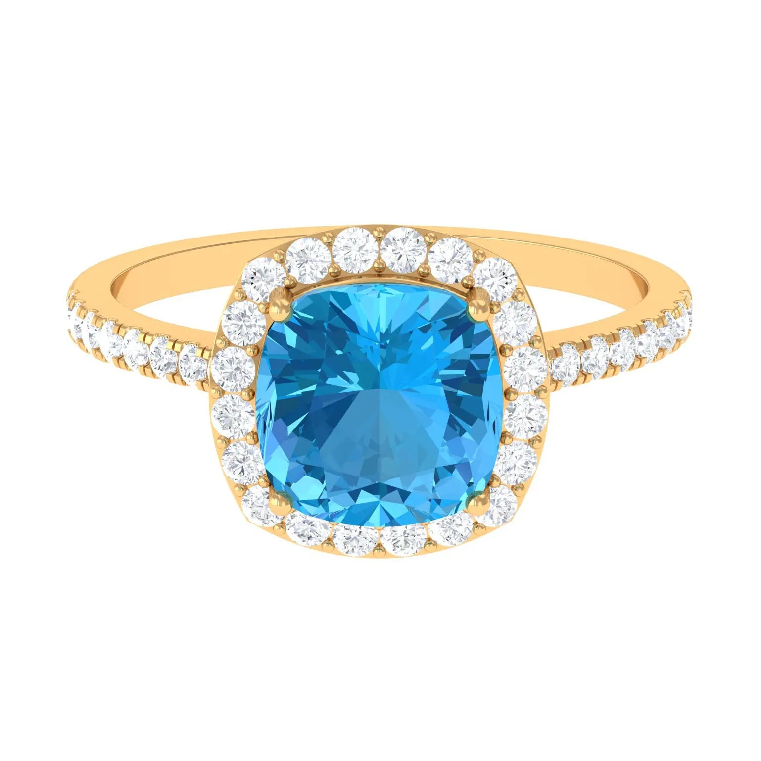 8 MM Cushion Cut Swiss Blue Topaz Solitaire and Diamond Halo Ring