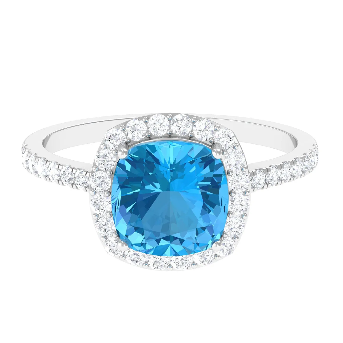 8 MM Cushion Cut Swiss Blue Topaz Solitaire and Diamond Halo Ring