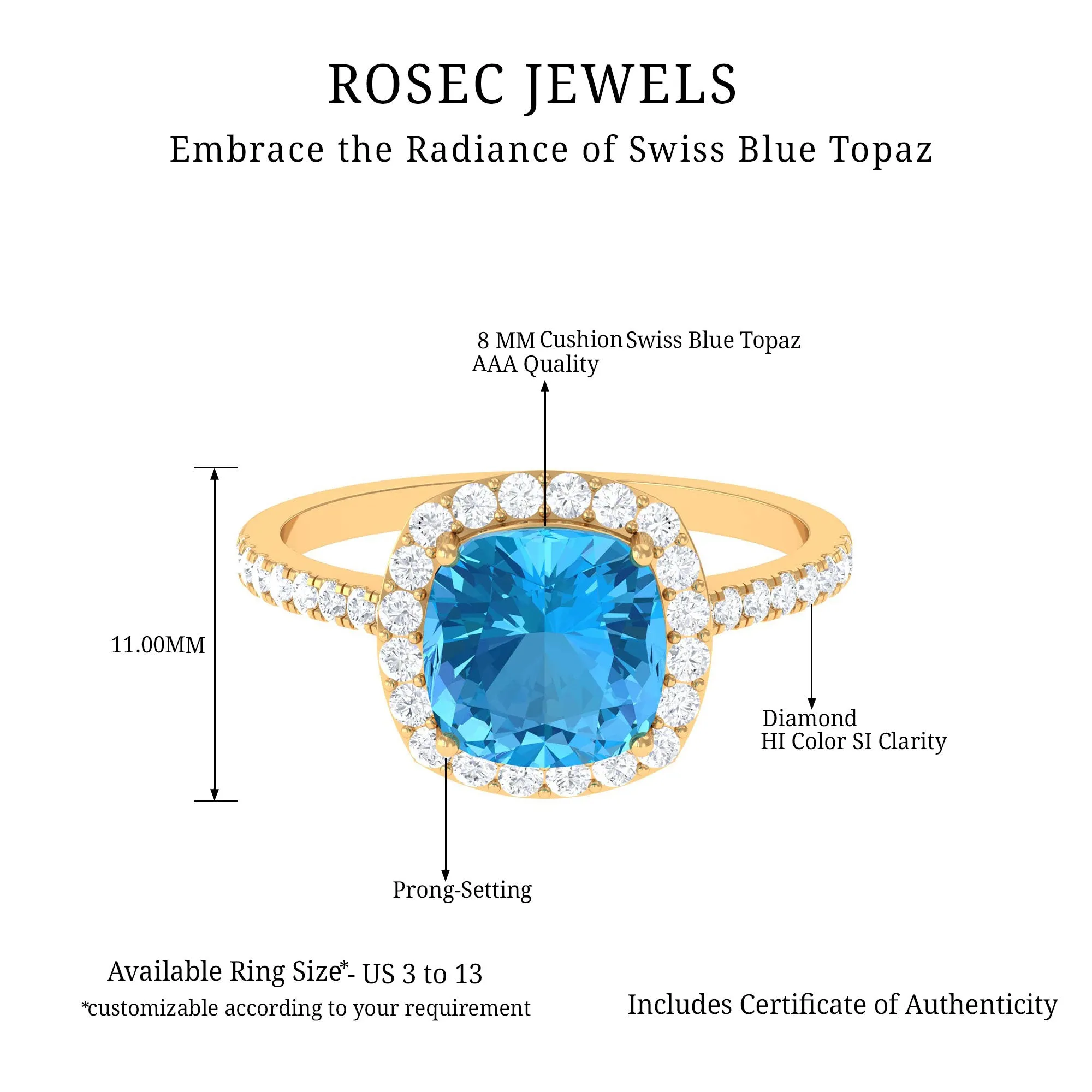 8 MM Cushion Cut Swiss Blue Topaz Solitaire and Diamond Halo Ring