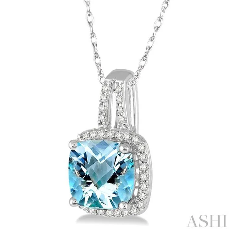 8x8 MM Cushion Cut Aquamarine and 1/5 Ctw Round Cut Diamond Pendant in 10K White Gold with Chain