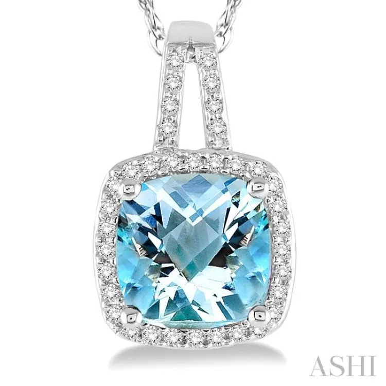 8x8 MM Cushion Cut Aquamarine and 1/5 Ctw Round Cut Diamond Pendant in 10K White Gold with Chain