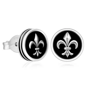 9mm Black Stud Earrings - Fleur-de-lis Lily flower