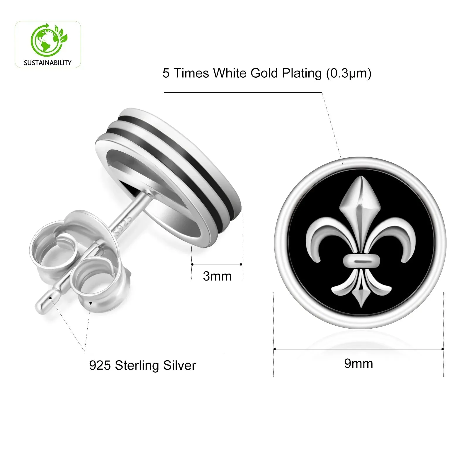 9mm Black Stud Earrings - Fleur-de-lis Lily flower