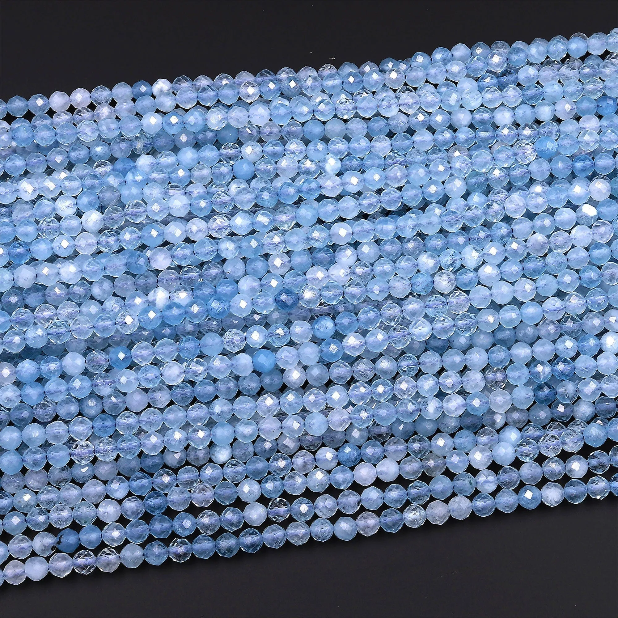 AAA Faceted Natural Blue Aquamarine 2mm 3mm 4mm 5mm 6mm 7mm Round Beads Super Translucent Micro Laser Diamond Cut Gemstone 15.5" Strand