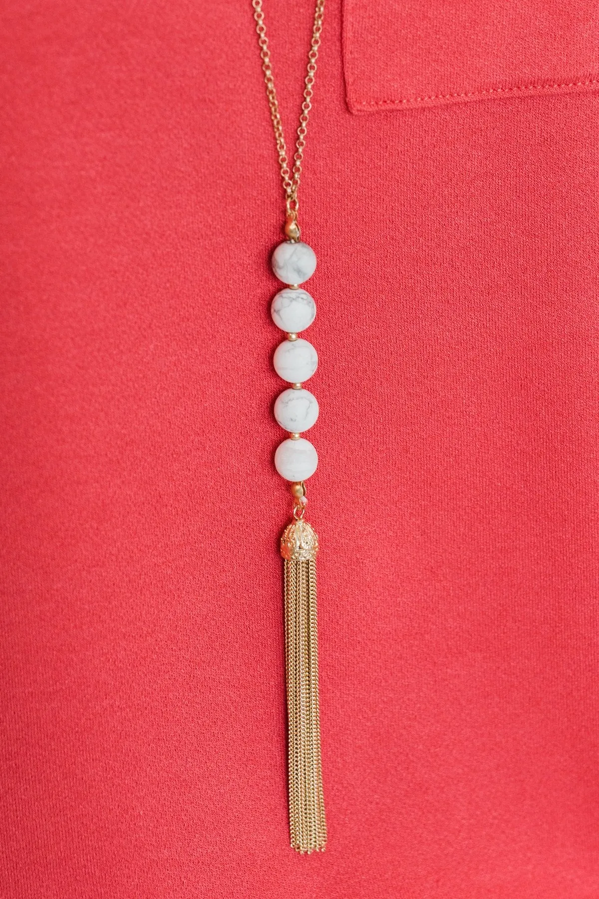 Adjustable Beaded Tassel Necklace- White Marble