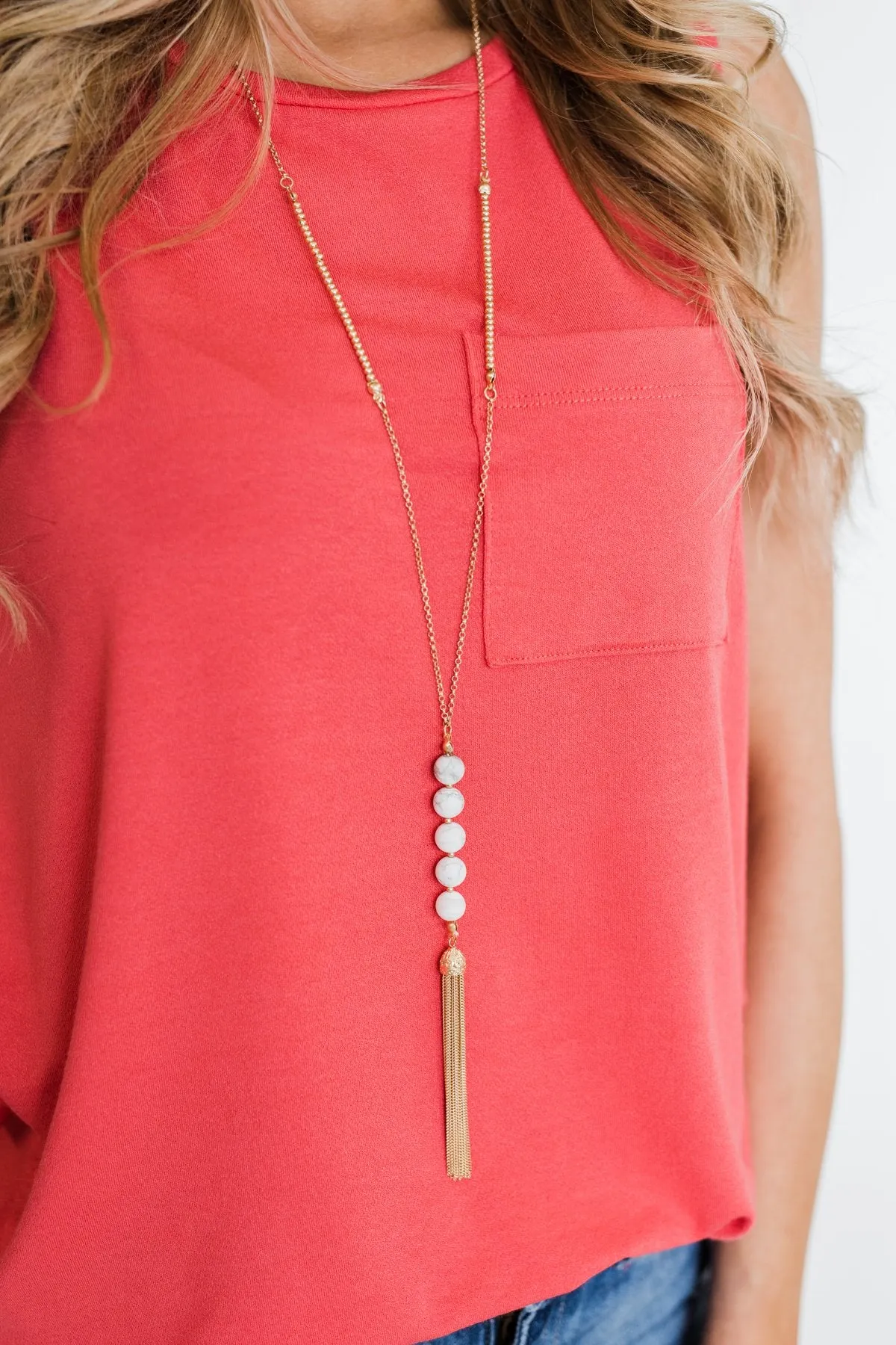 Adjustable Beaded Tassel Necklace- White Marble