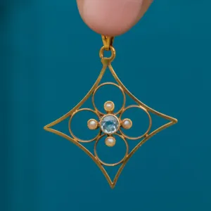 Antique 9ct Gold Aquamarine Pearl Pendant, 0.20ct