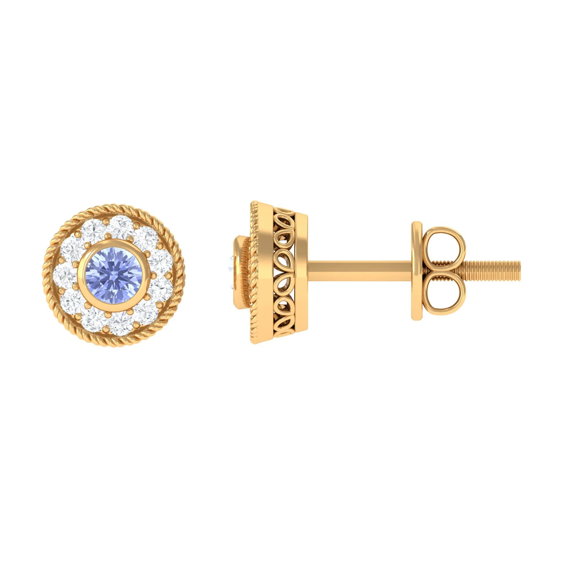 Antique Style Tanzanite and Diamond Halo Stud Earrings