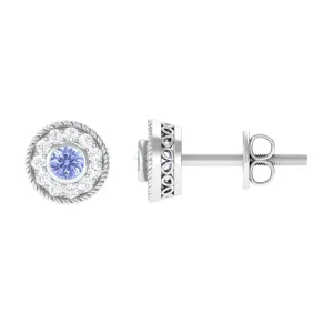 Antique Style Tanzanite and Diamond Halo Stud Earrings