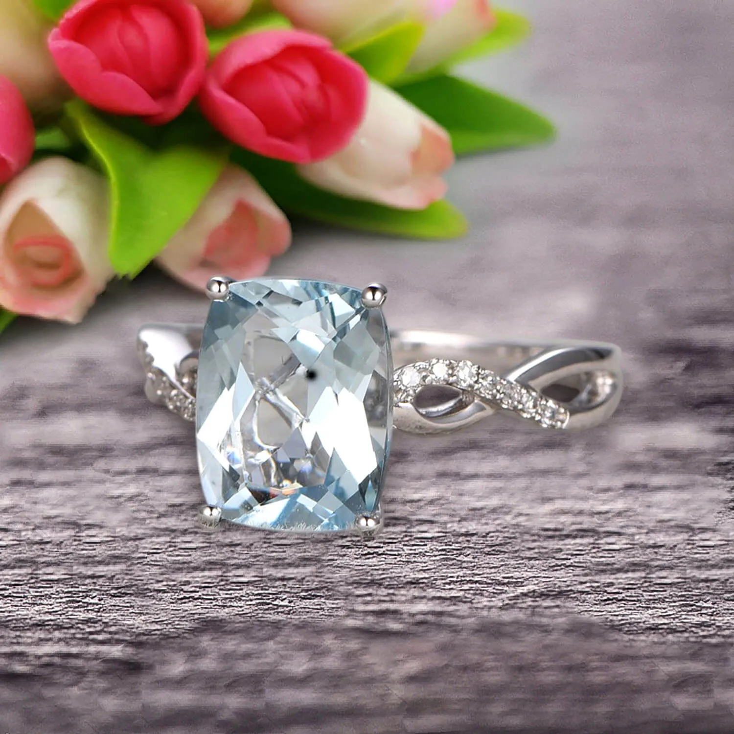 Art Deco 1.25 Carat Cushion Aquamarine Engagement Ring on 10k White Gold