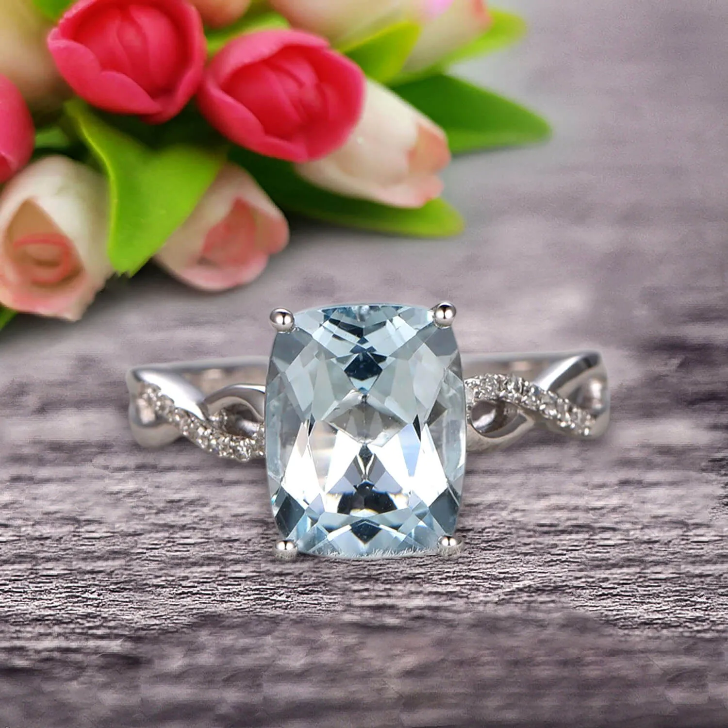 Art Deco 1.25 Carat Cushion Aquamarine Engagement Ring on 10k White Gold