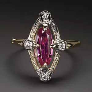 ART DECO DIAMOND GEMSTONE COCKTAIL RING HAND ENGRAVED 14k YELLOW GOLD LONG MOVAL