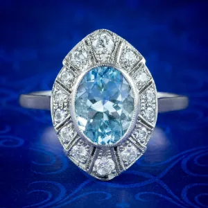 Art Deco Style Aquamarine Diamond Cluster Ring 1.5ct Aqua