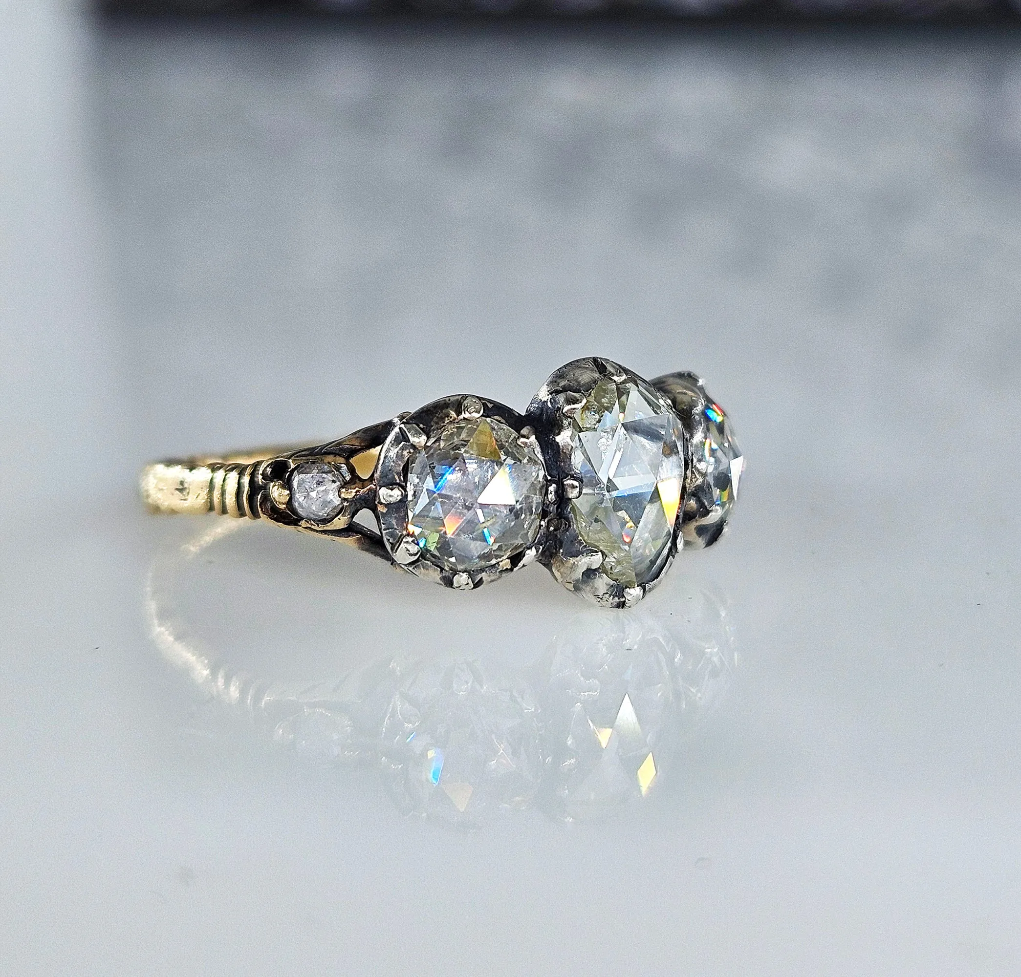 Authentic Georgian 1760s 3-Stone Diamond Engagement 14k Yellow Gold Silver Ring