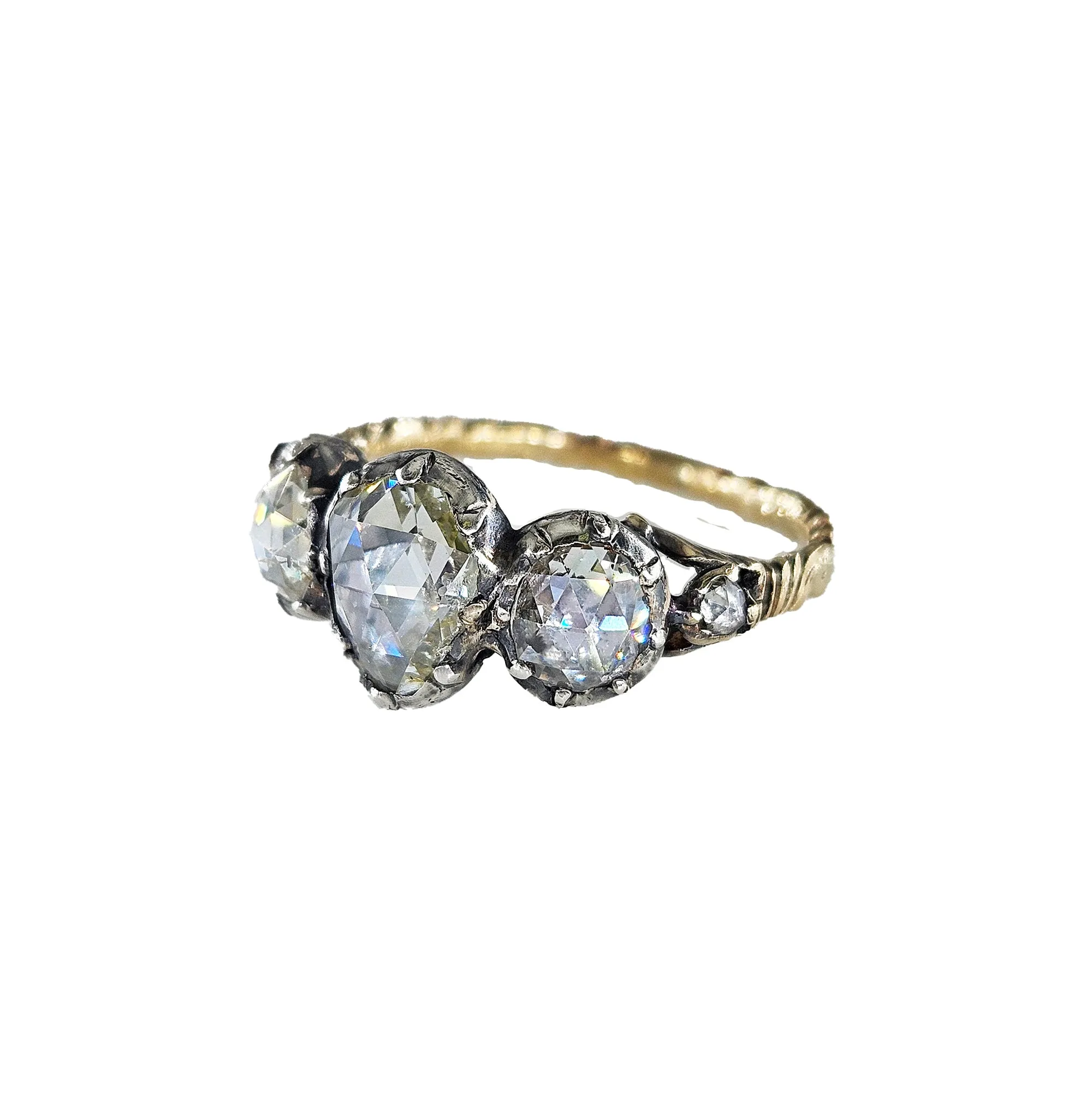 Authentic Georgian 1760s 3-Stone Diamond Engagement 14k Yellow Gold Silver Ring