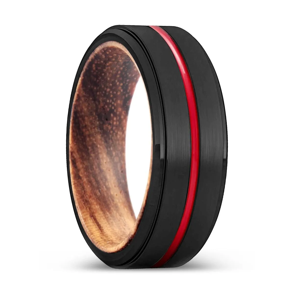 BAMBAM | Zebra Wood, Black Tungsten Ring, Red Groove, Stepped Edge