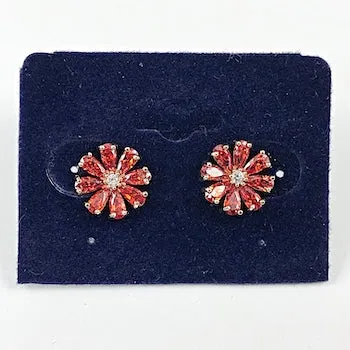 Beautiful Red Orange CZ Floral Design Brass Earrings