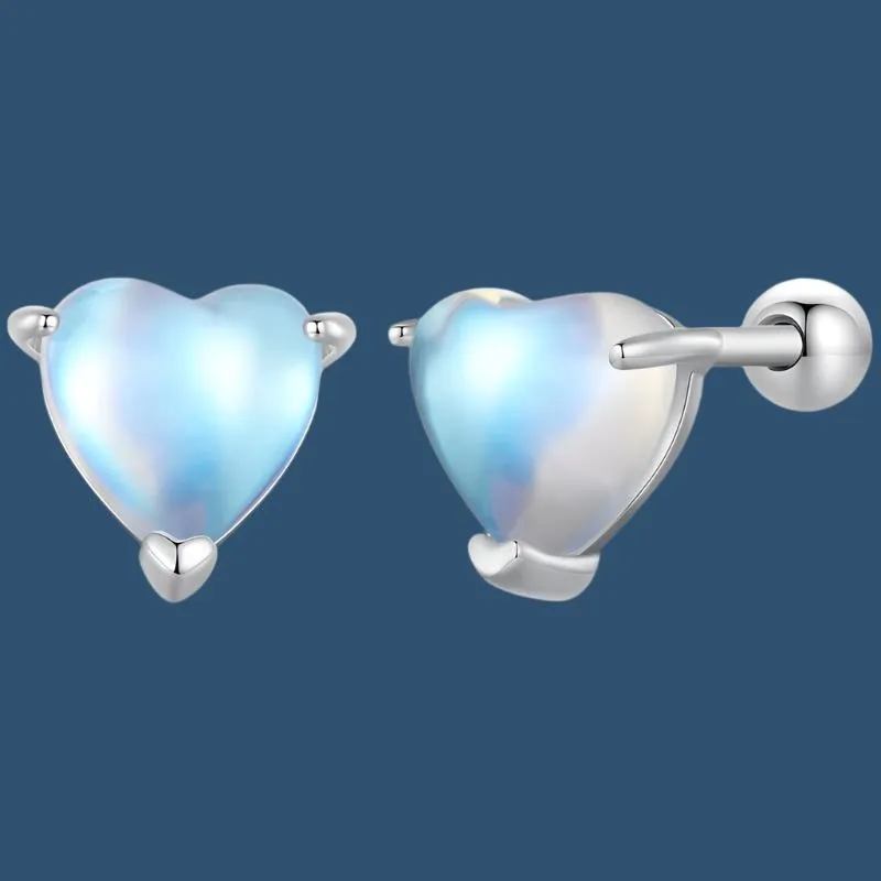 BISAER 100% 925 Sterling Silver Mini Heart Moonstone Stud Earrings - Elegant Platinum-Plated Jewelry for Women and Couples, Perfect Gift for Any Occasion!