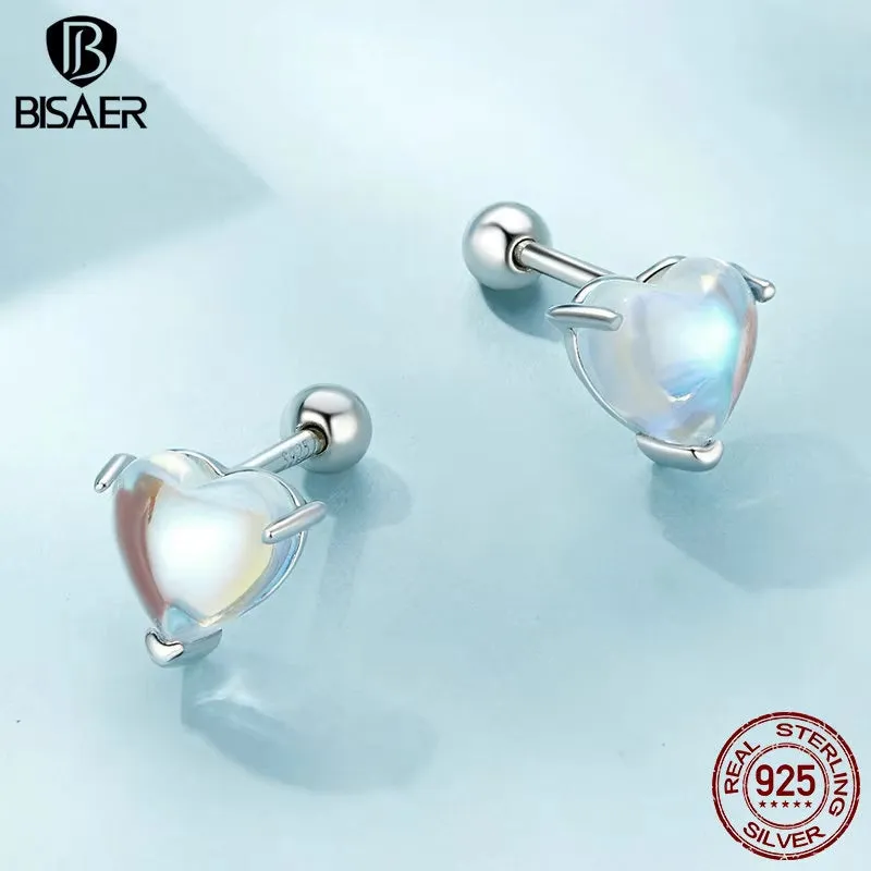 BISAER 100% 925 Sterling Silver Mini Heart Moonstone Stud Earrings - Elegant Platinum-Plated Jewelry for Women and Couples, Perfect Gift for Any Occasion!