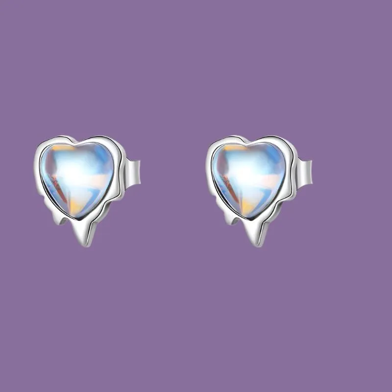 BISAER 100% 925 Sterling Silver Mini Heart Moonstone Stud Earrings - Elegant Platinum-Plated Jewelry for Women and Couples, Perfect Gift for Any Occasion!