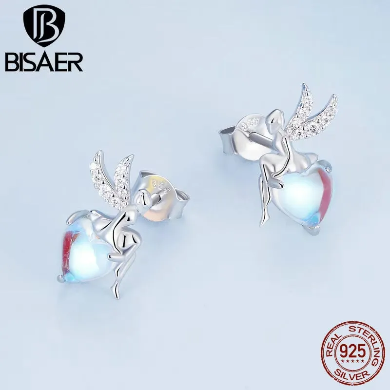 BISAER 100% 925 Sterling Silver Mini Heart Moonstone Stud Earrings - Elegant Platinum-Plated Jewelry for Women and Couples, Perfect Gift for Any Occasion!