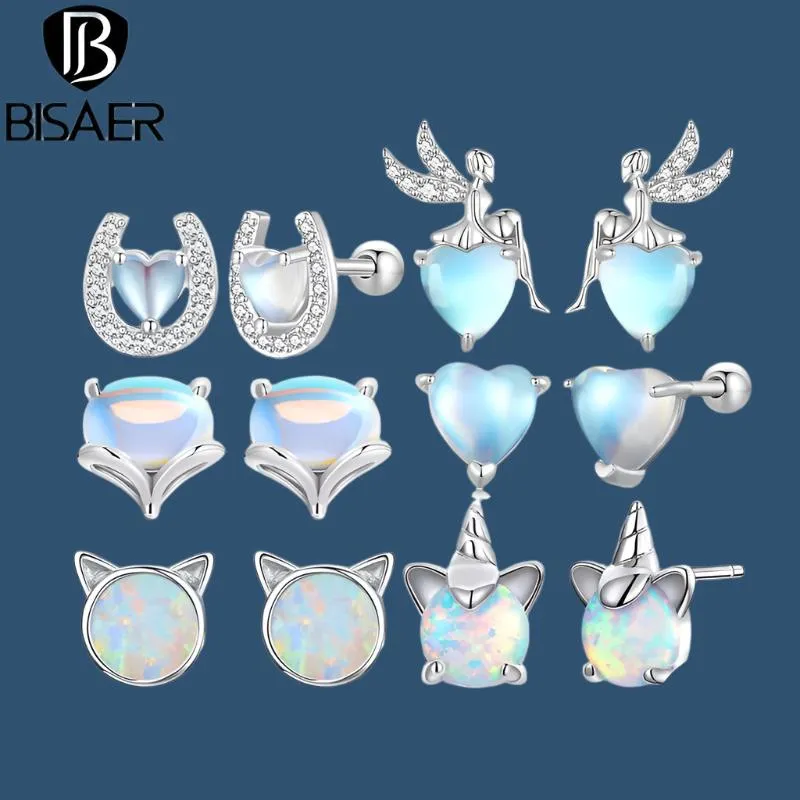 BISAER 100% 925 Sterling Silver Mini Heart Moonstone Stud Earrings - Elegant Platinum-Plated Jewelry for Women and Couples, Perfect Gift for Any Occasion!