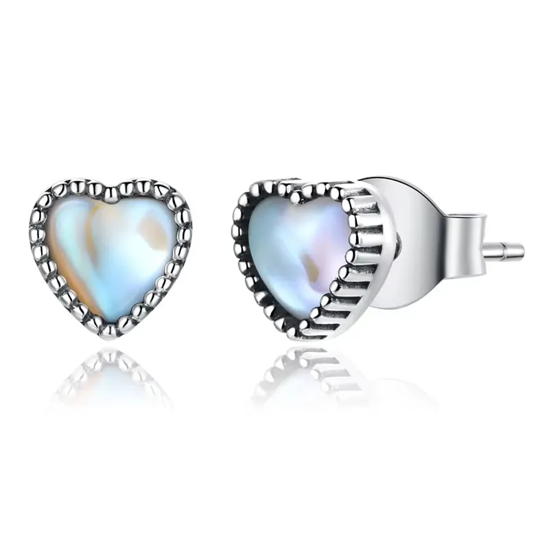 BISAER 100% 925 Sterling Silver Mini Heart Moonstone Stud Earrings - Elegant Platinum-Plated Jewelry for Women and Couples, Perfect Gift for Any Occasion!