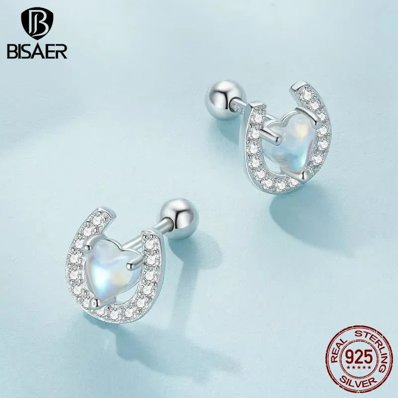 BISAER 100% 925 Sterling Silver Mini Heart Moonstone Stud Earrings - Elegant Platinum-Plated Jewelry for Women and Couples, Perfect Gift for Any Occasion!