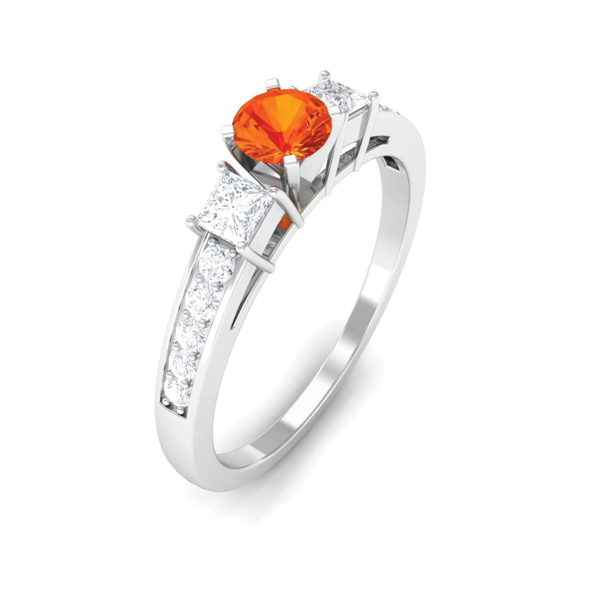 Classic Round Shape Orange Sapphire and Diamond Engagement Ring