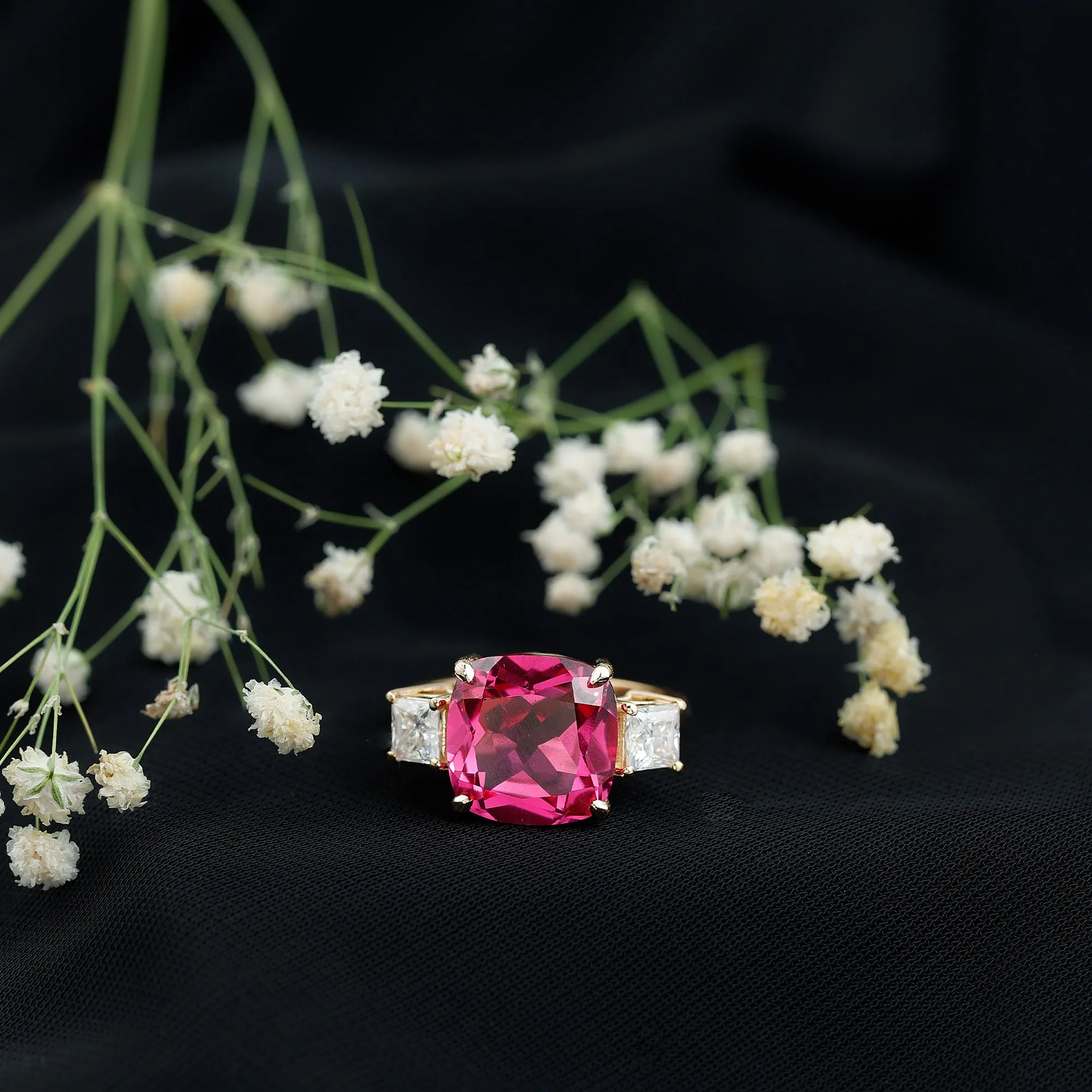 Cushion Cut Created Pink Sapphire Solitaire Engagement Ring with Moissanite