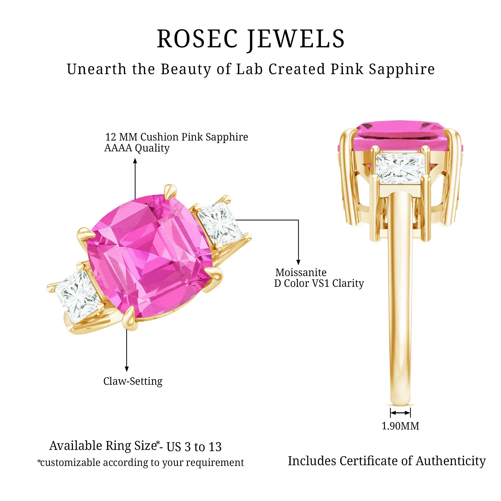 Cushion Cut Created Pink Sapphire Solitaire Engagement Ring with Moissanite