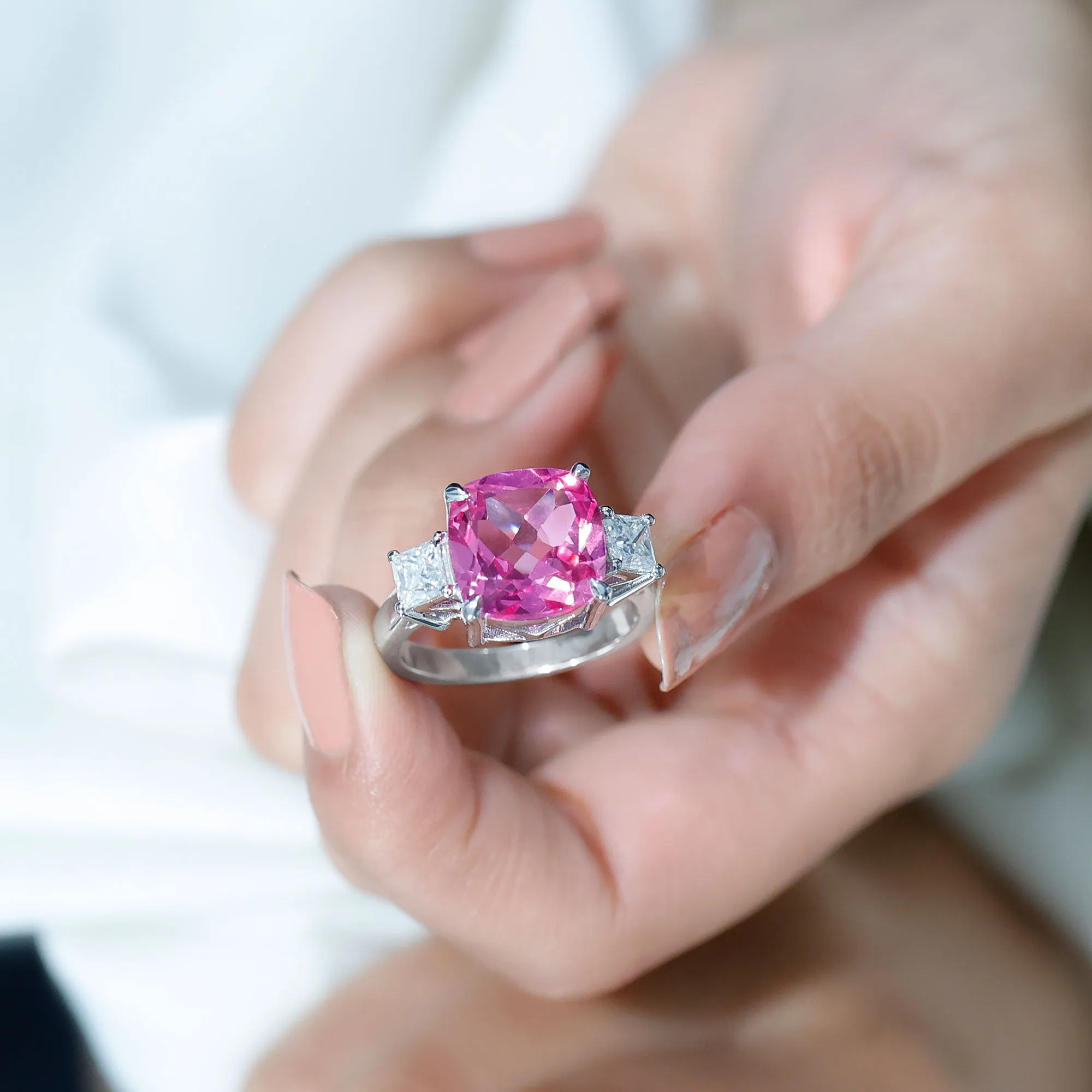 Cushion Cut Created Pink Sapphire Solitaire Engagement Ring with Moissanite