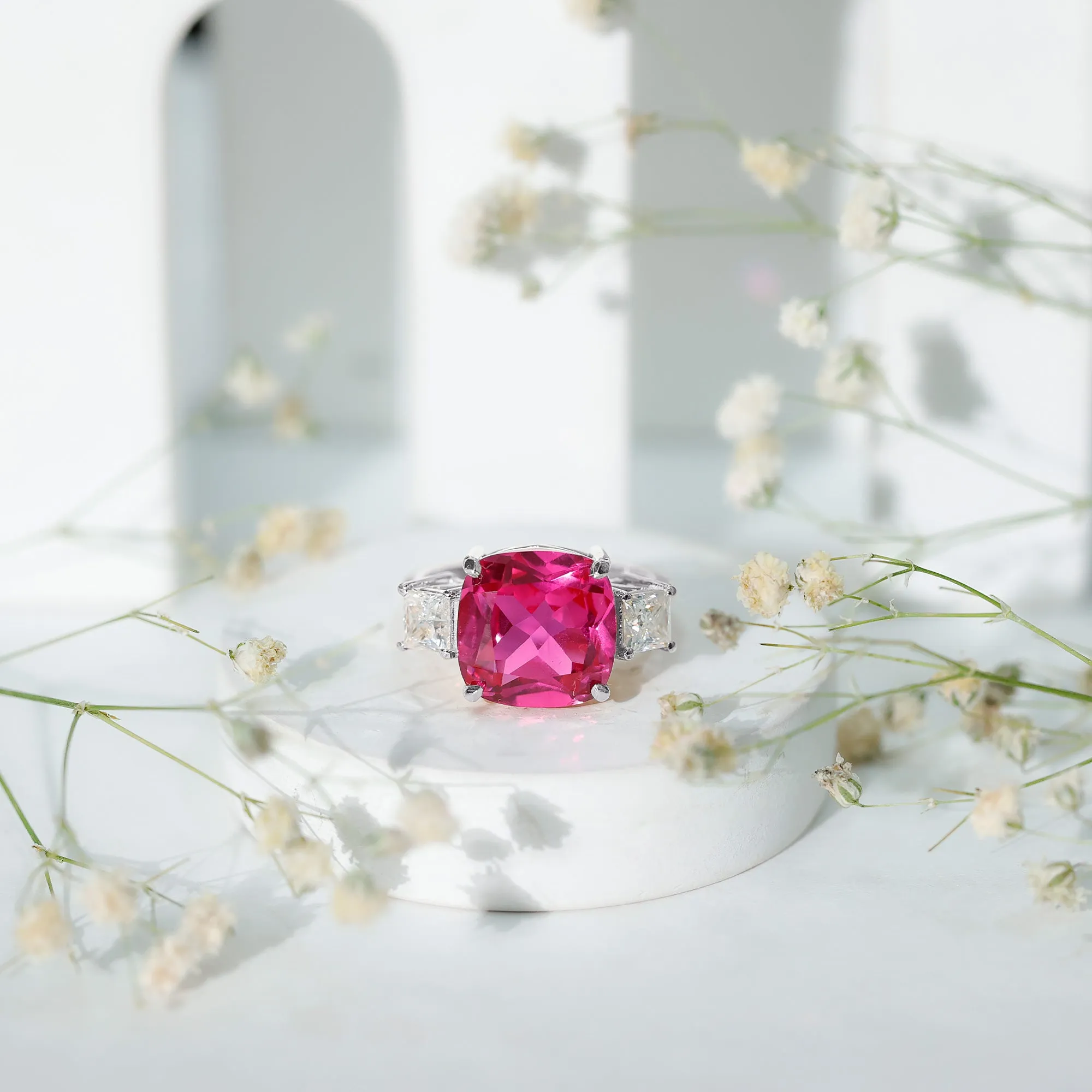 Cushion Cut Created Pink Sapphire Solitaire Engagement Ring with Moissanite