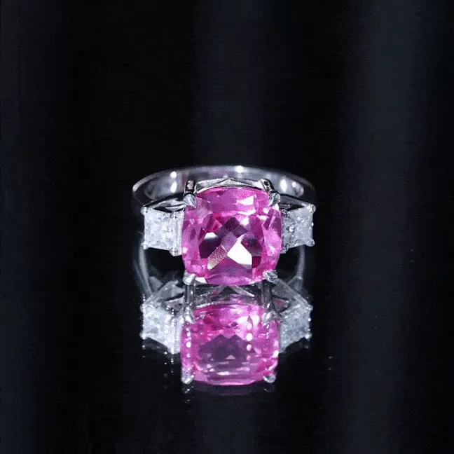 Cushion Cut Created Pink Sapphire Solitaire Engagement Ring with Moissanite