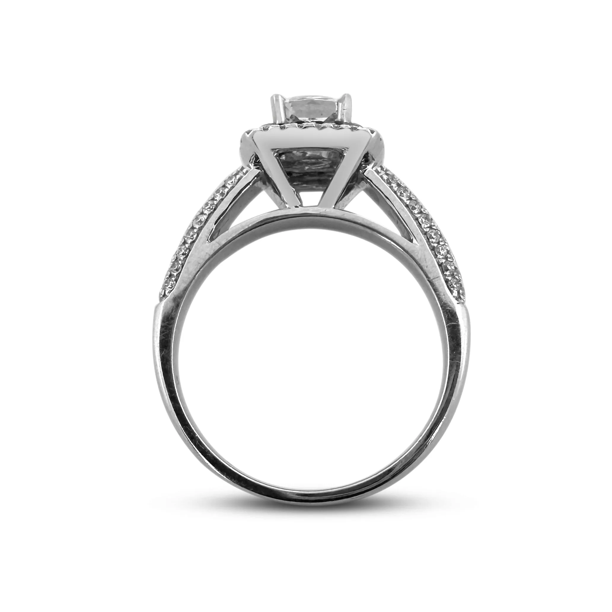 Cushion Cut Diamond with Round Brilliant Diamond and Sapphire Double Halo Engagement Ring in 14k White Gold