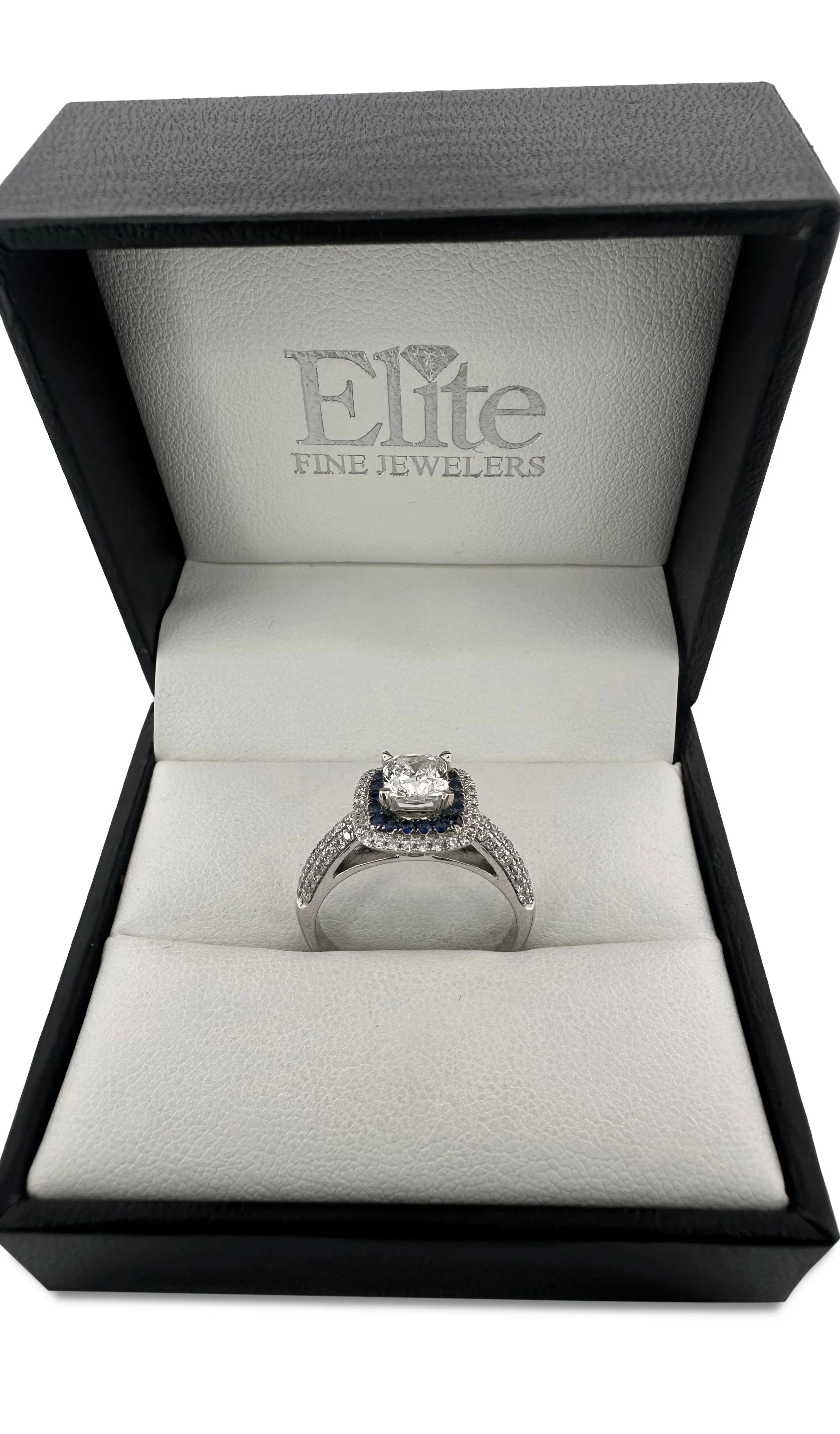 Cushion Cut Diamond with Round Brilliant Diamond and Sapphire Double Halo Engagement Ring in 14k White Gold