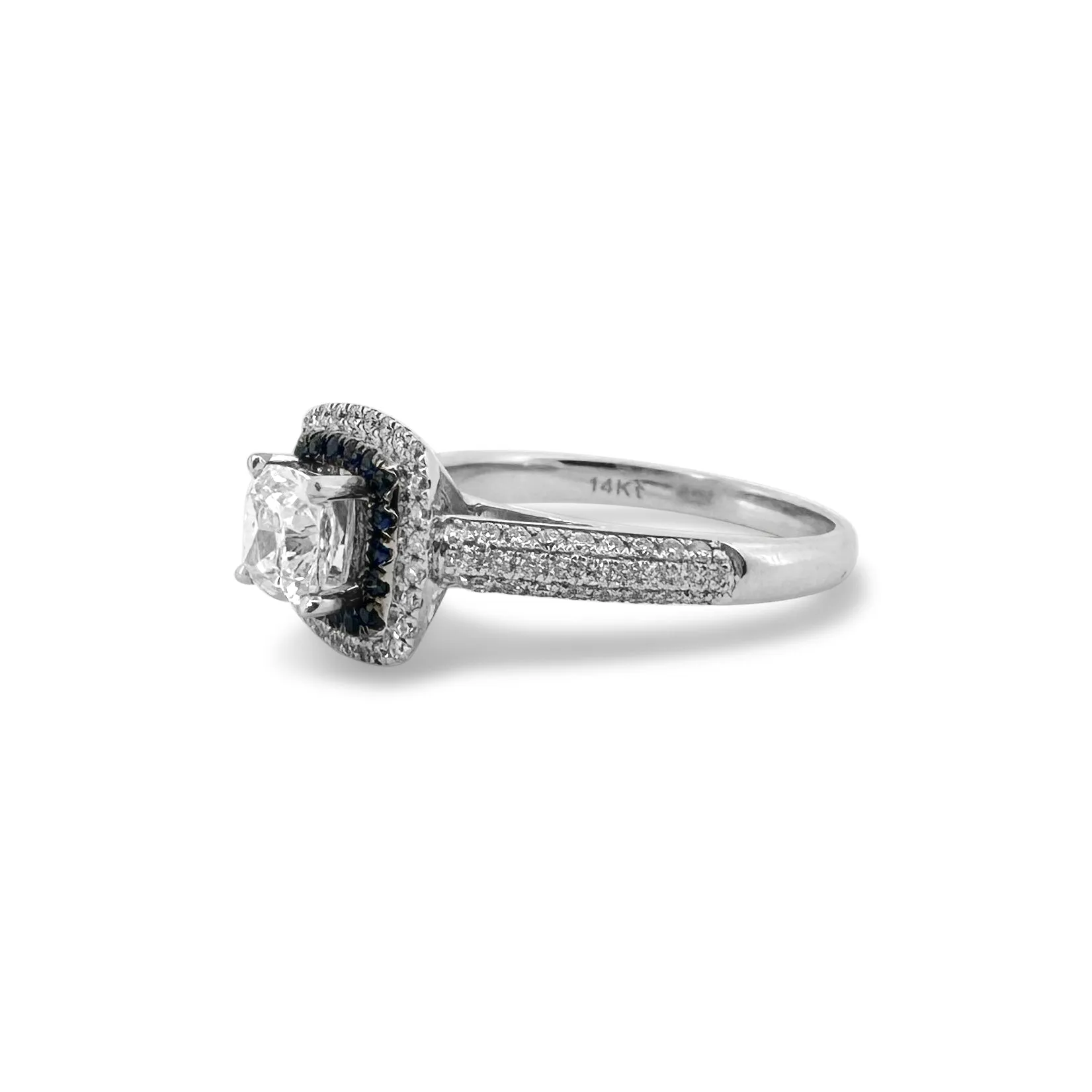 Cushion Cut Diamond with Round Brilliant Diamond and Sapphire Double Halo Engagement Ring in 14k White Gold