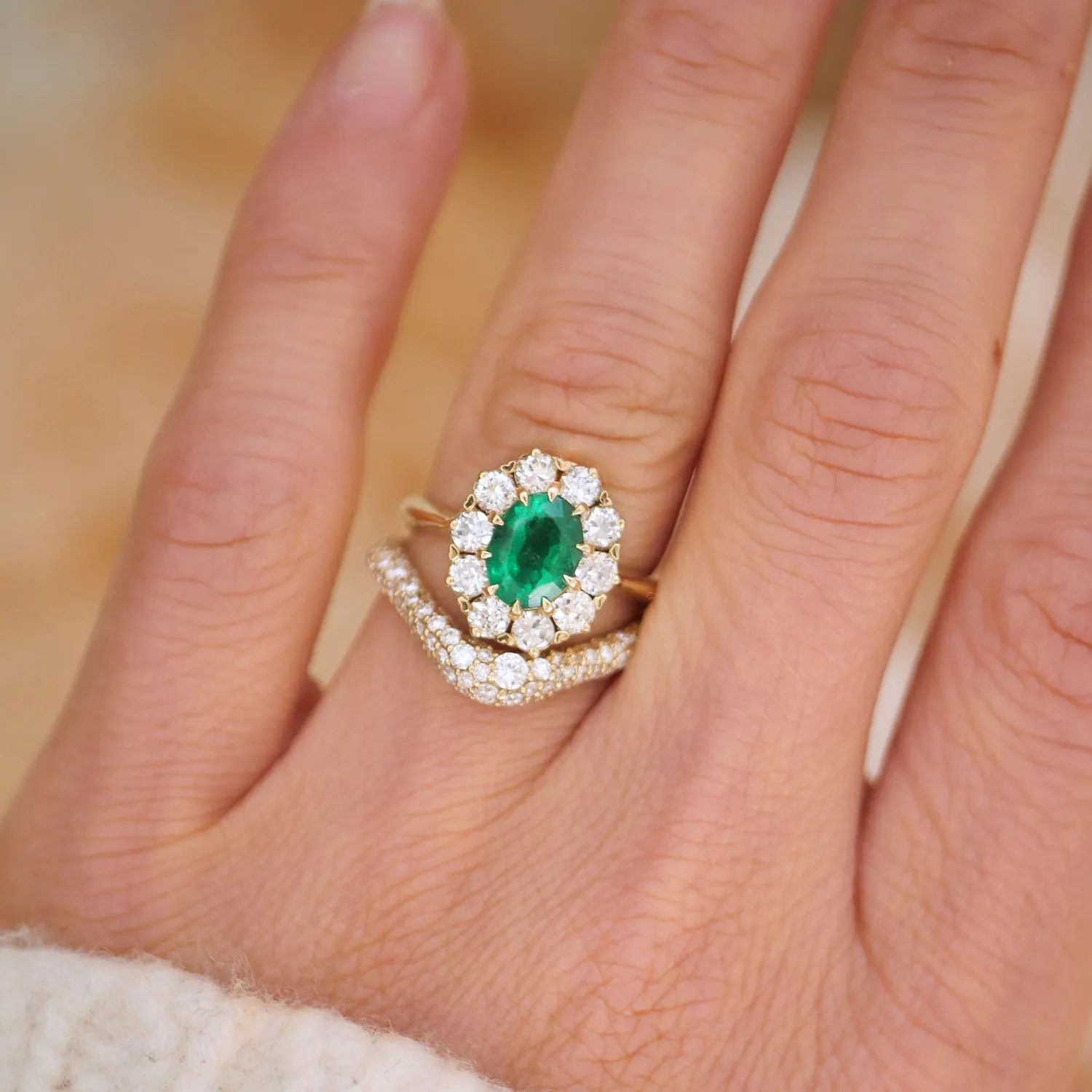 Emerald & Old European Cut Diamond Cluster Ring