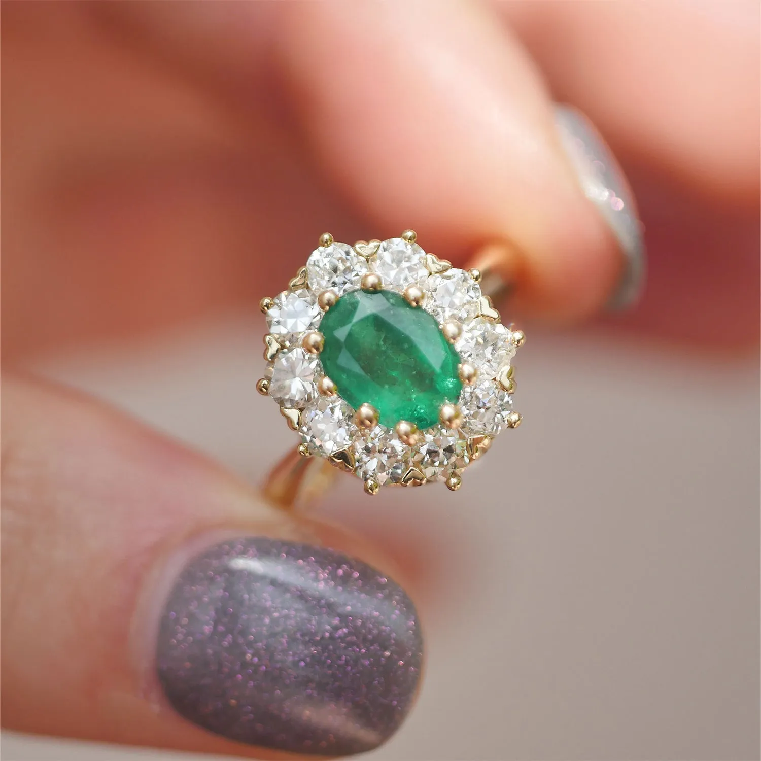 Emerald & Old European Cut Diamond Cluster Ring