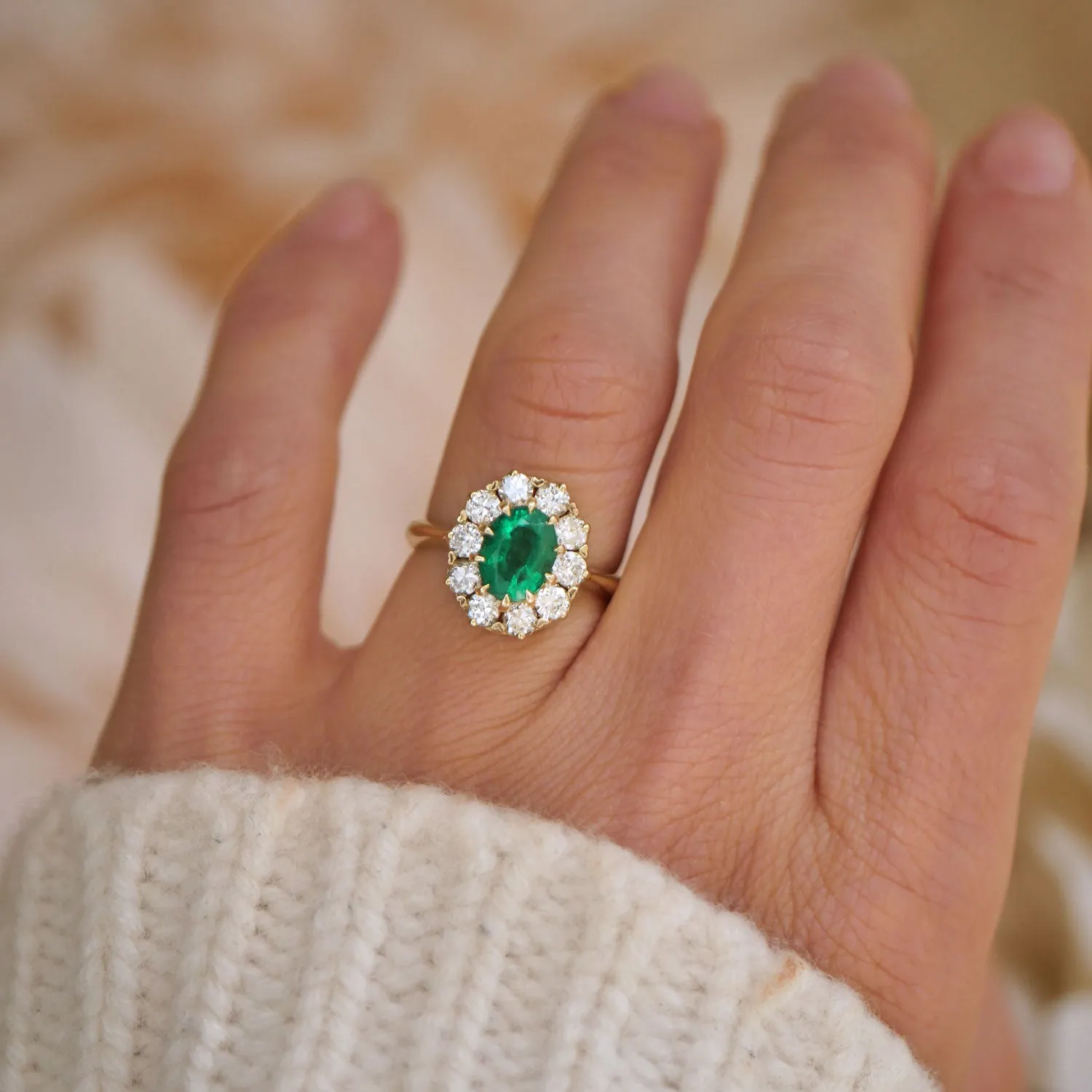 Emerald & Old European Cut Diamond Cluster Ring