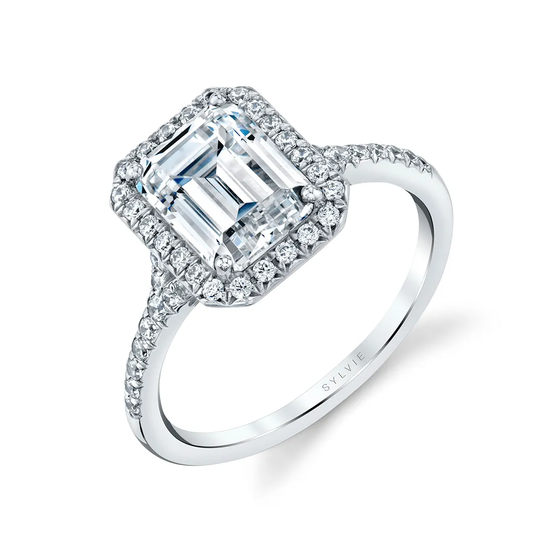 Emerald Cut Halo Engagement Ring - Alexandra 14k Gold White