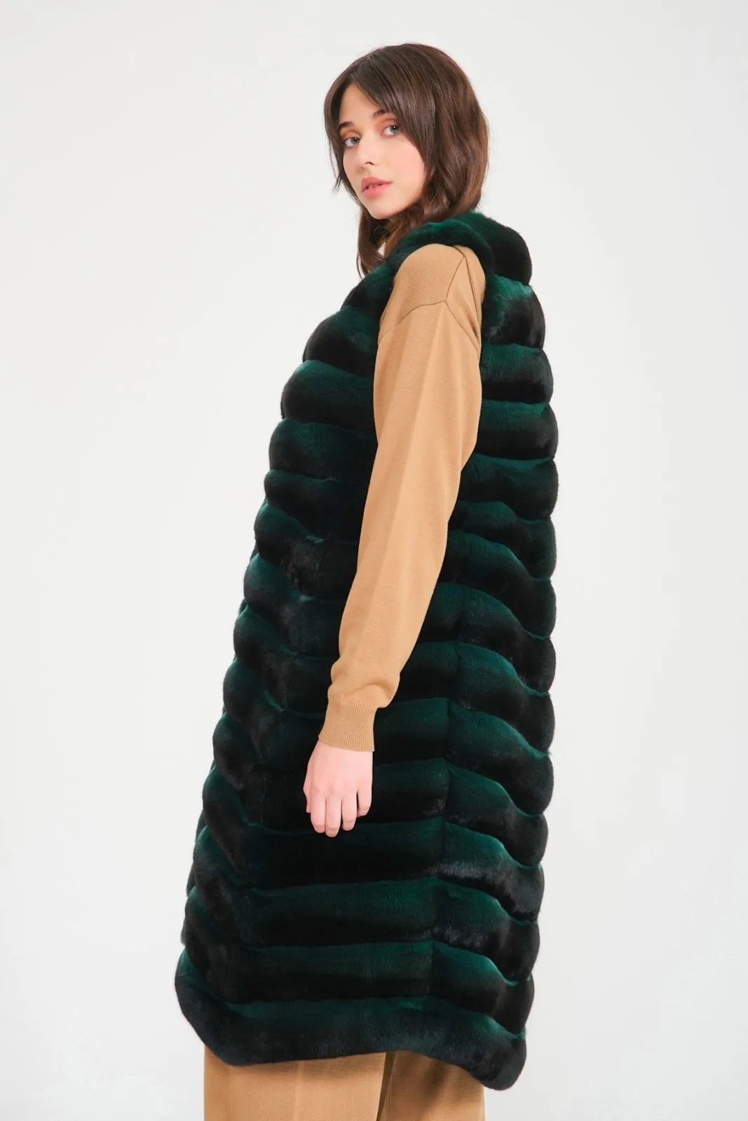 Emerald Green Long Chinchilla Fur Vest