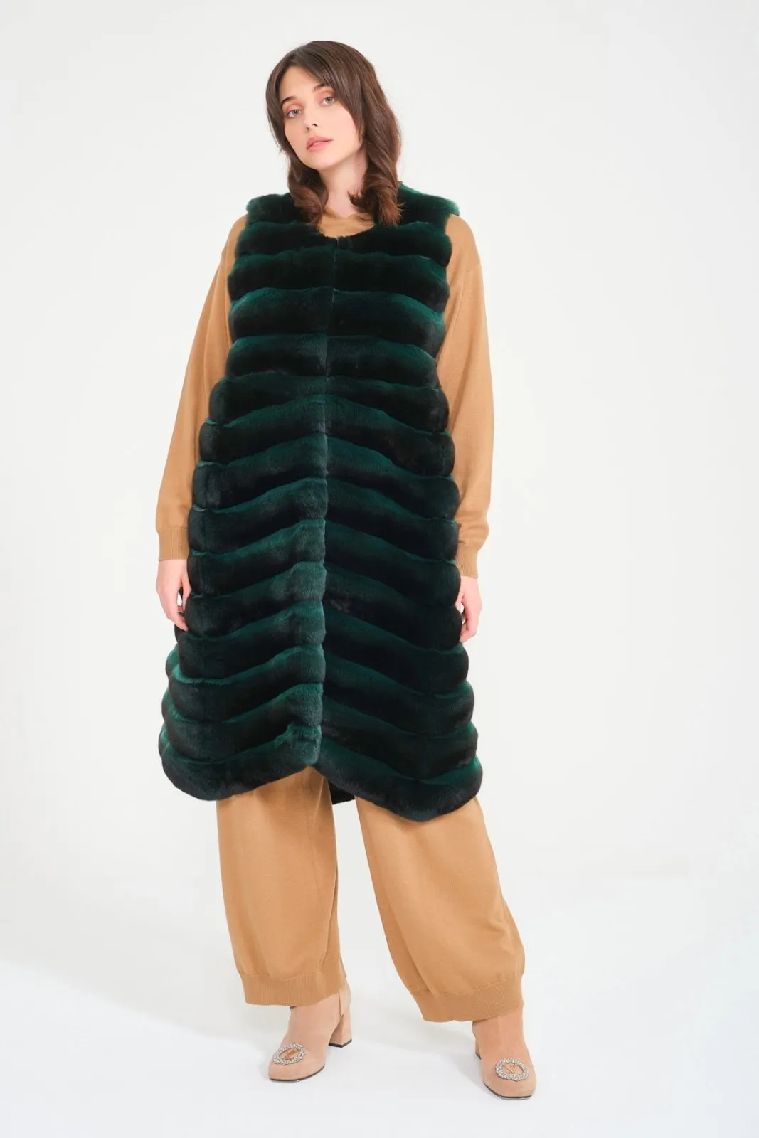 Emerald Green Long Chinchilla Fur Vest