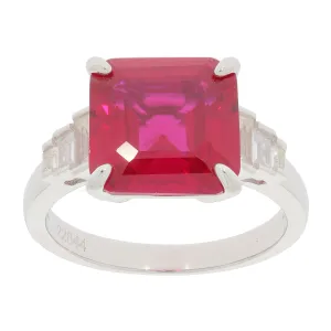 Emerald Red Ruby Sterling Silver Ring with Moissanite Accent