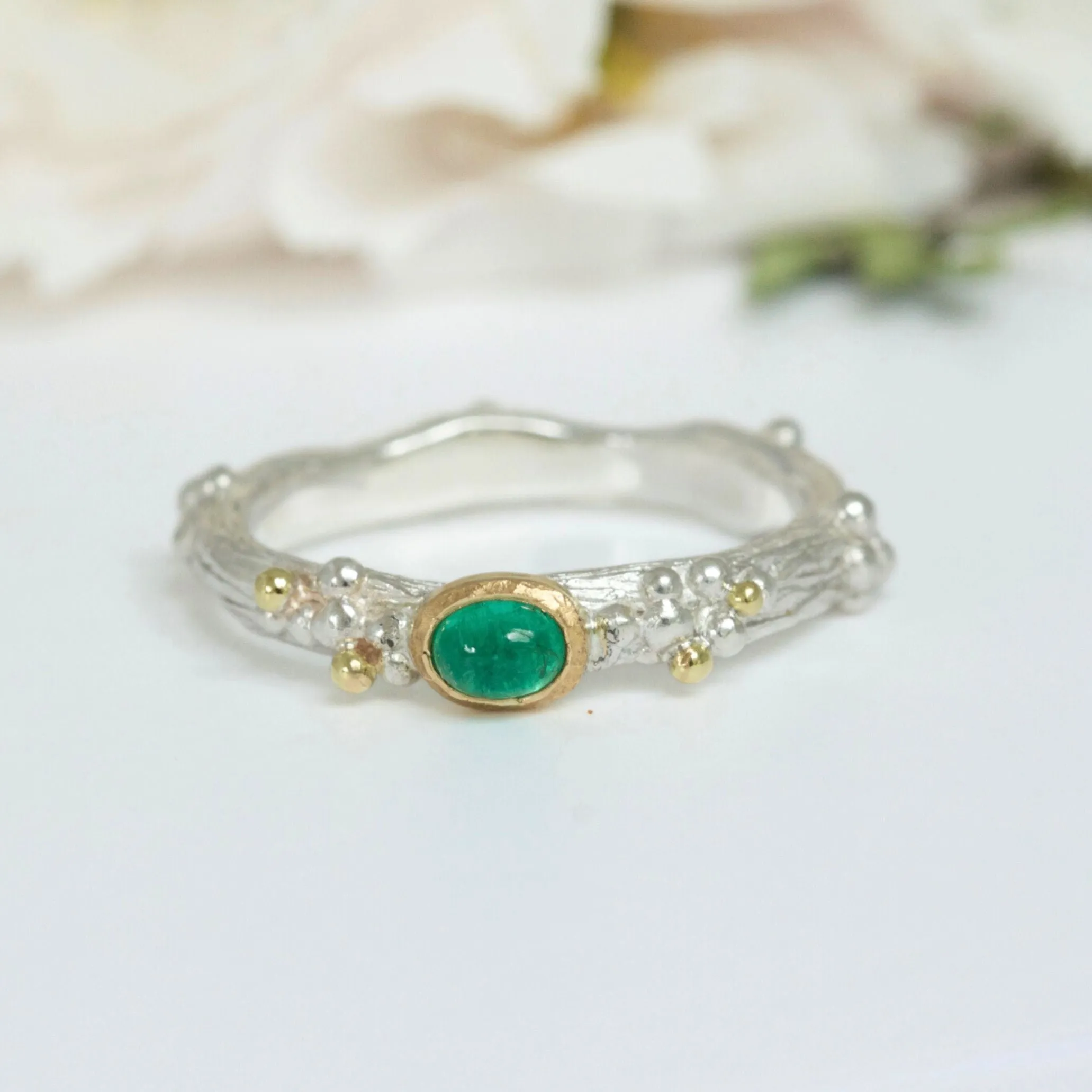 Emerald Woodland Ring, Silver and 18ct Gold Nature Ring