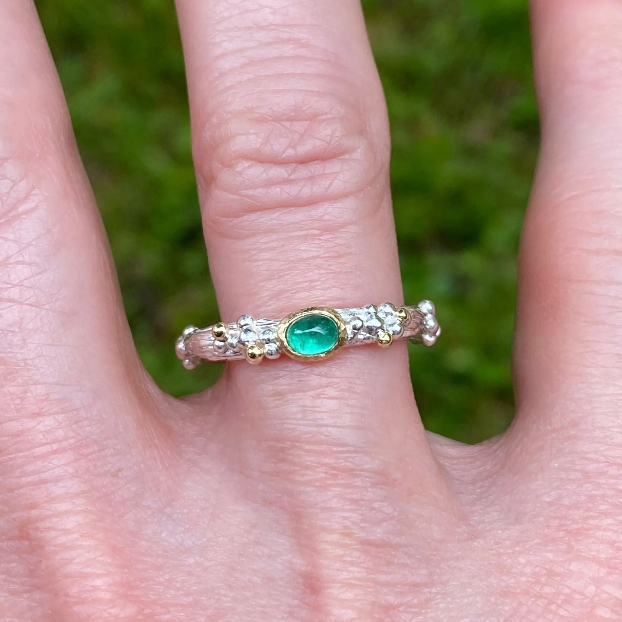 Emerald Woodland Ring, Silver and 18ct Gold Nature Ring