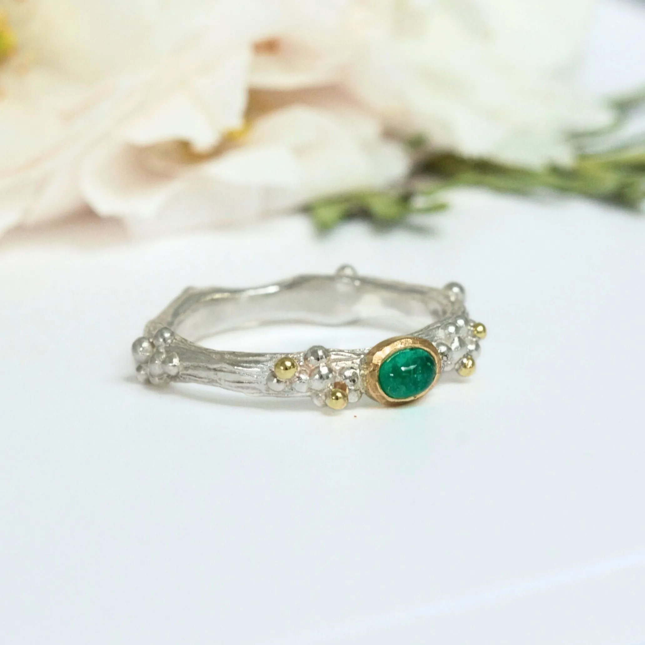 Emerald Woodland Ring, Silver and 18ct Gold Nature Ring