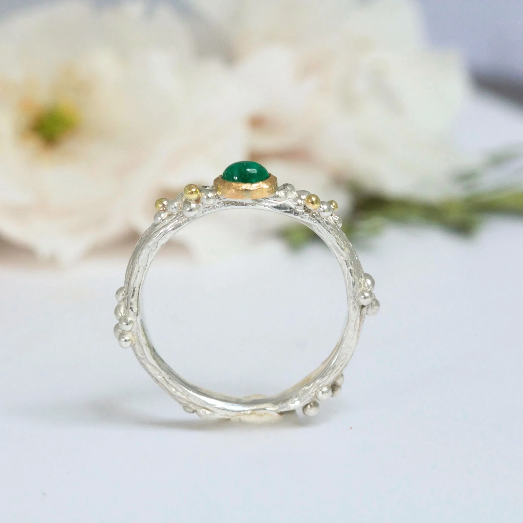 Emerald Woodland Ring, Silver and 18ct Gold Nature Ring