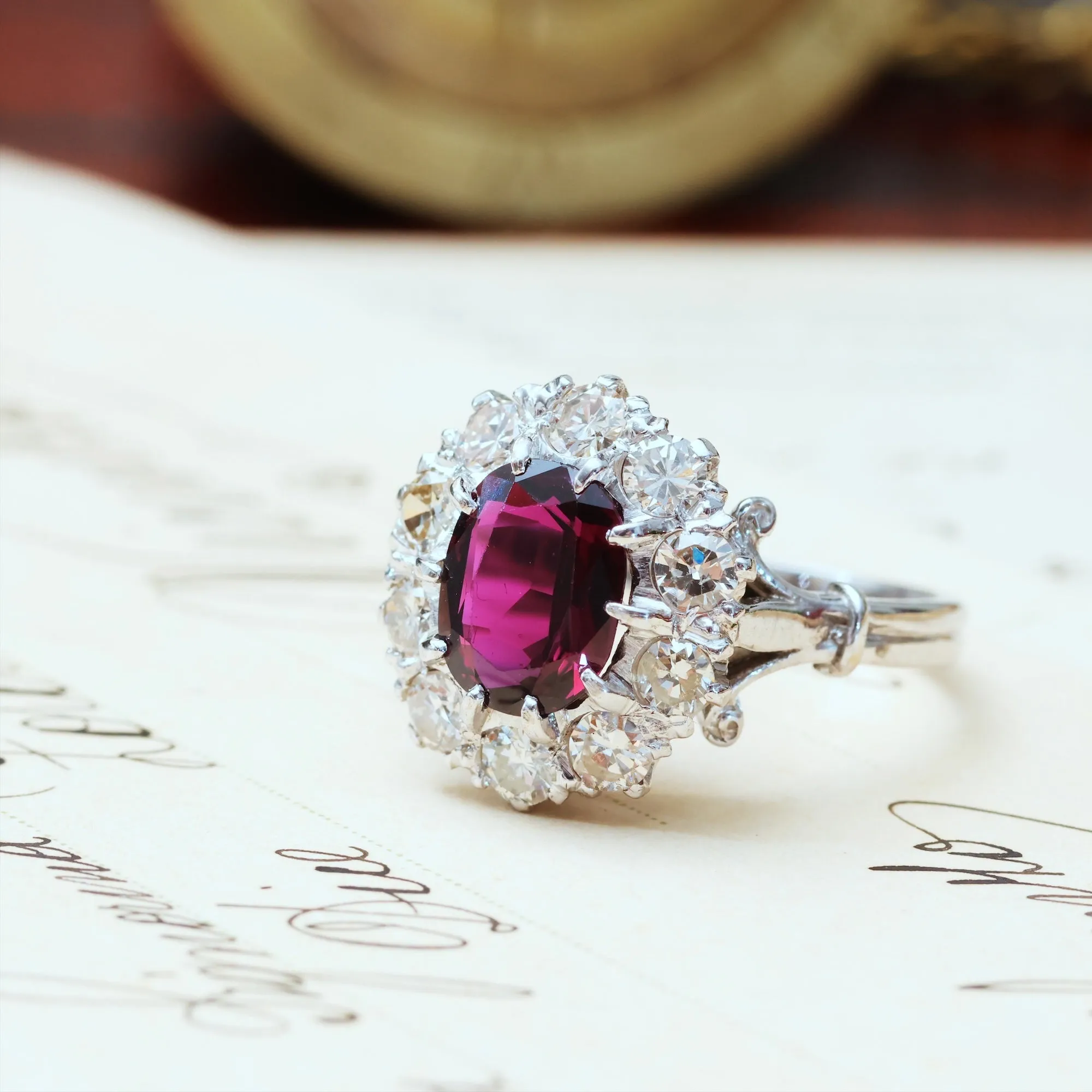 Extraordinary Vintage Deep Wine Ruby & Diamond Cluster Ring